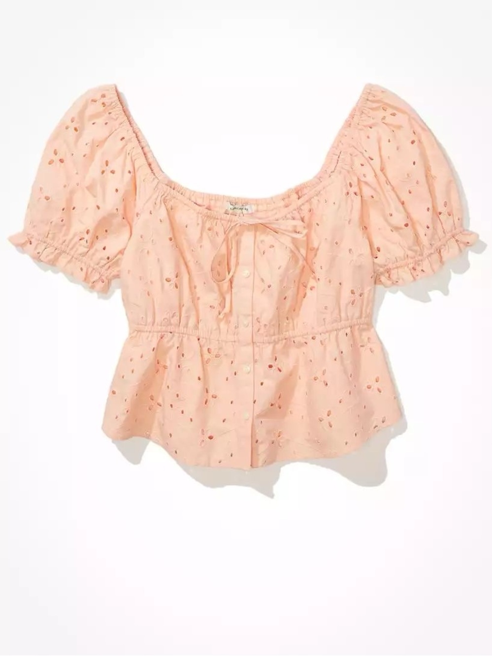 American Eagle Light Pastel Pink Puff Sleeve Babydoll Eyelet Lace Scoop Neckline - Picture 4 of 8